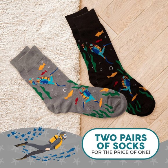 Scuba Diving Underwater Swimming Oxygen Tank Fish Foozys 2 Pair Men's Socks - Picture 5 of 5